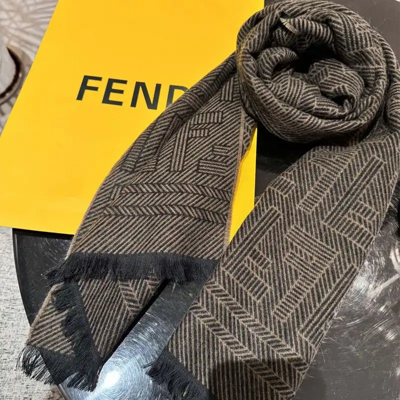 Affordable Fendi FF Rectangular Scarf Man In Wool and Silk Brown