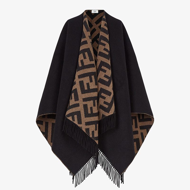 Affordable Fendi Reversible Poncho In FF Motif Wool and Cashmere Black