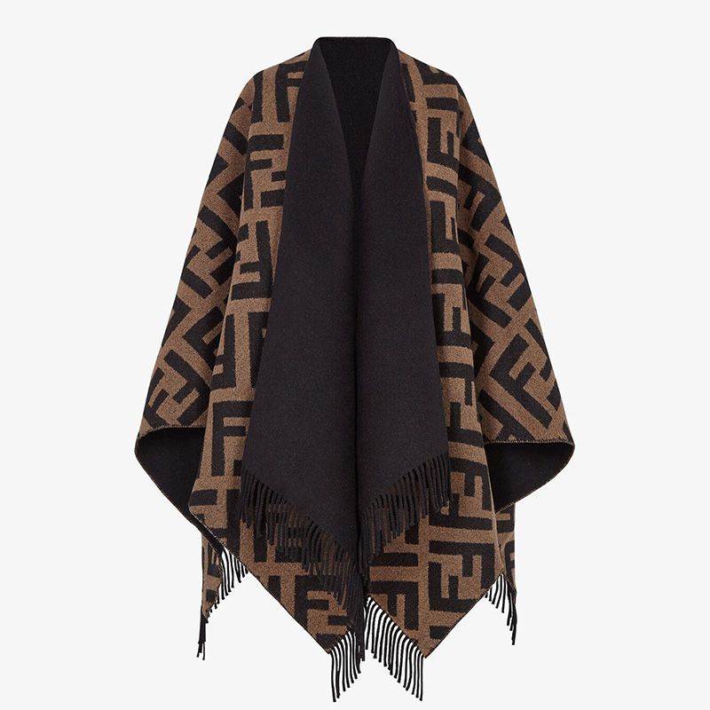 Affordable Fendi Reversible Poncho In FF Motif Wool and Cashmere Black