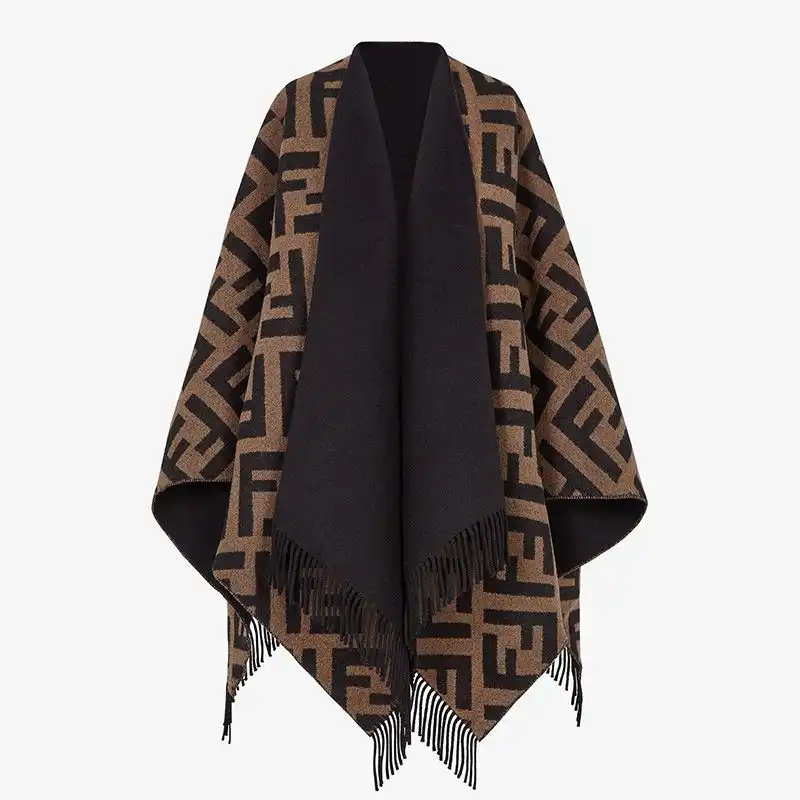 Cheap Fendi Reversible Poncho In FF Motif Wool and Cashmere Black