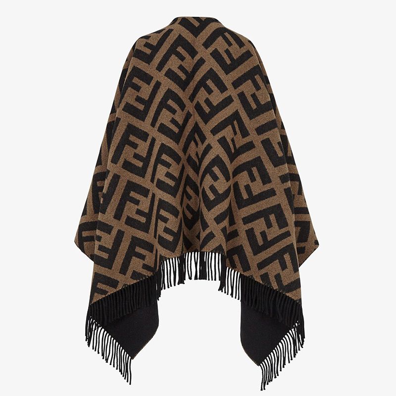 Affordable Fendi Reversible Poncho In FF Motif Wool and Cashmere Black