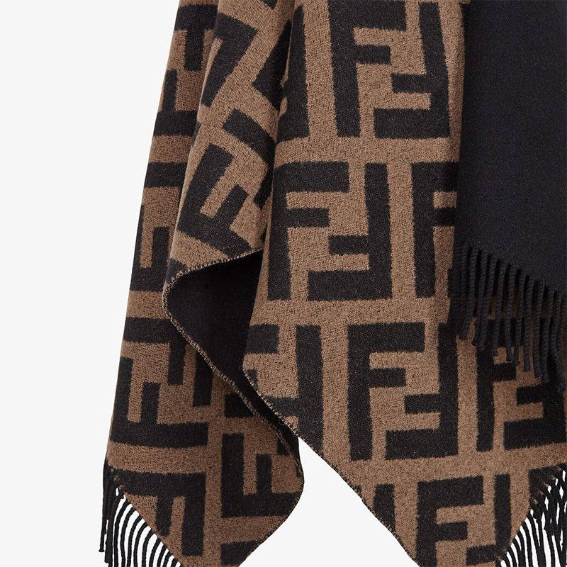 Affordable Fendi Reversible Poncho In FF Motif Wool and Cashmere Black