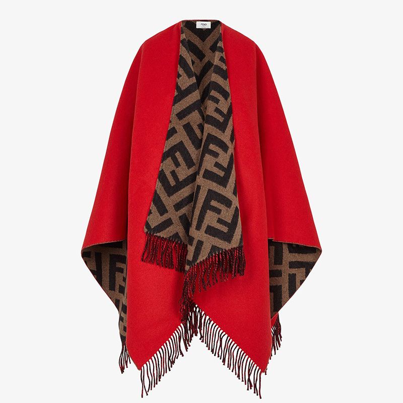 Affordable Fendi Reversible Poncho In FF Motif Wool and Cashmere Red