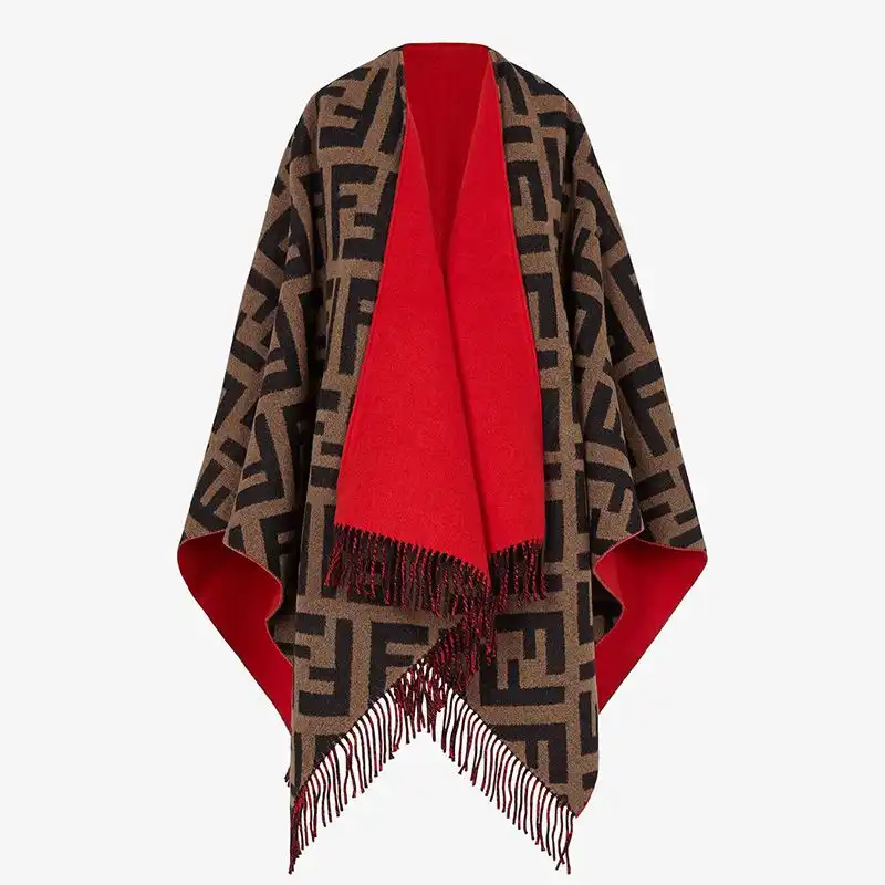 Affordable Fendi Reversible Poncho In FF Motif Wool and Cashmere Red