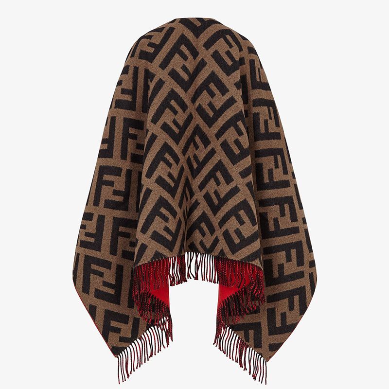 Affordable Fendi Reversible Poncho In FF Motif Wool and Cashmere Red