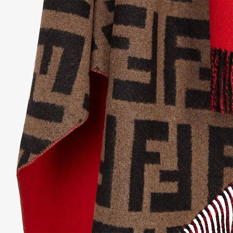 Affordable Fendi Reversible Poncho In FF Motif Wool and Cashmere Red