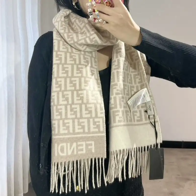 Cheap Fendi FF Scarf In Wool and Cashmere Grey