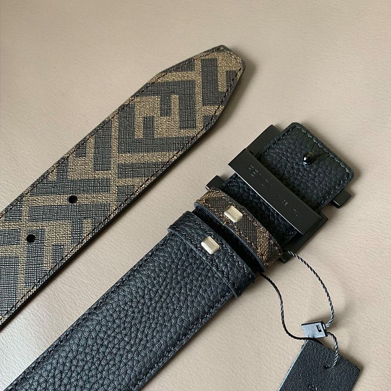 Affordable Fendi FF Buckle Reversible Belt In FF Motif Fabric and Calfskin Brown