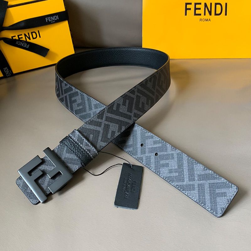 Affordable Fendi FF Buckle Reversible Belt In FF Motif Fabric and Calfskin Grey