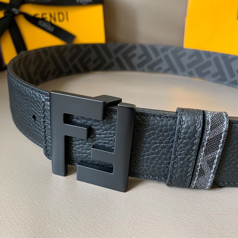 Affordable Fendi FF Buckle Reversible Belt In FF Motif Fabric and Calfskin Grey