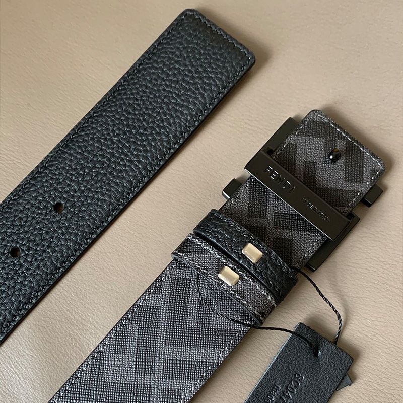 Affordable Fendi FF Buckle Reversible Belt In FF Motif Fabric and Calfskin Grey