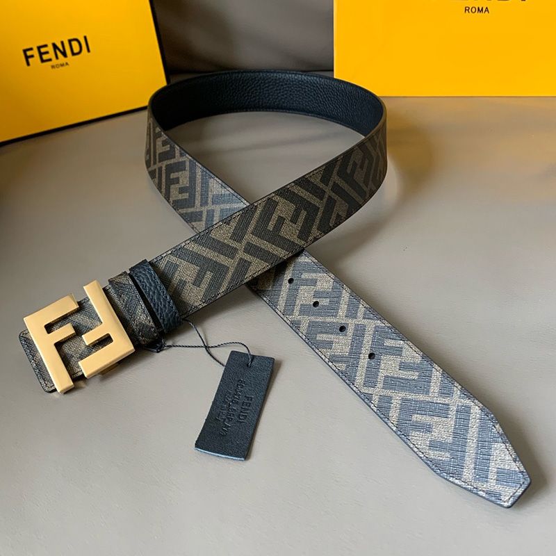 Affordable Fendi FF Buckle Reversible Belt In FF Motif Fabric and Calfskin Brown Gold