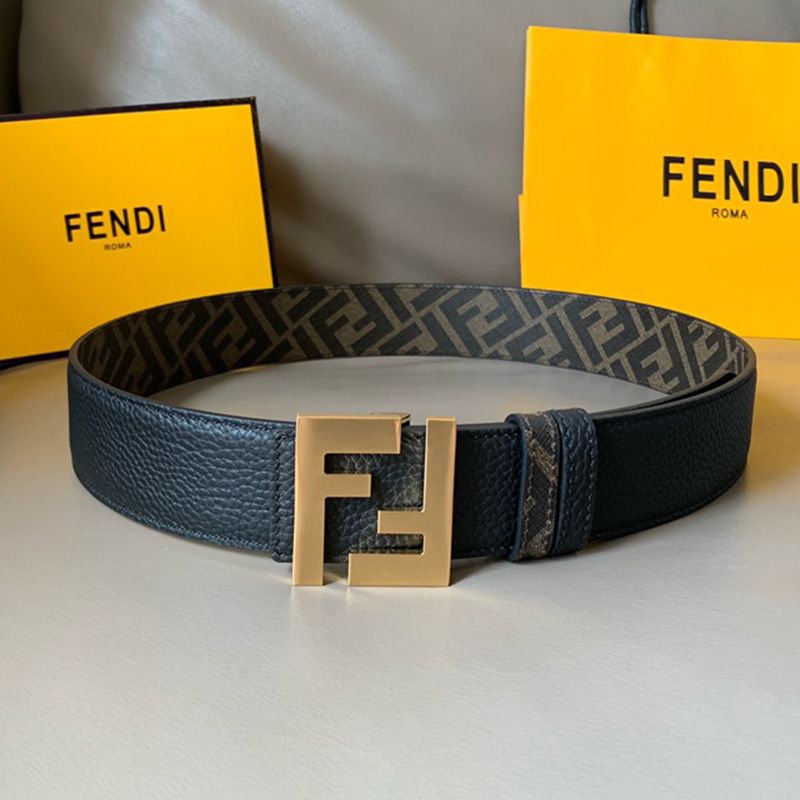 Affordable Fendi FF Buckle Reversible Belt In FF Motif Fabric and Calfskin Brown Gold