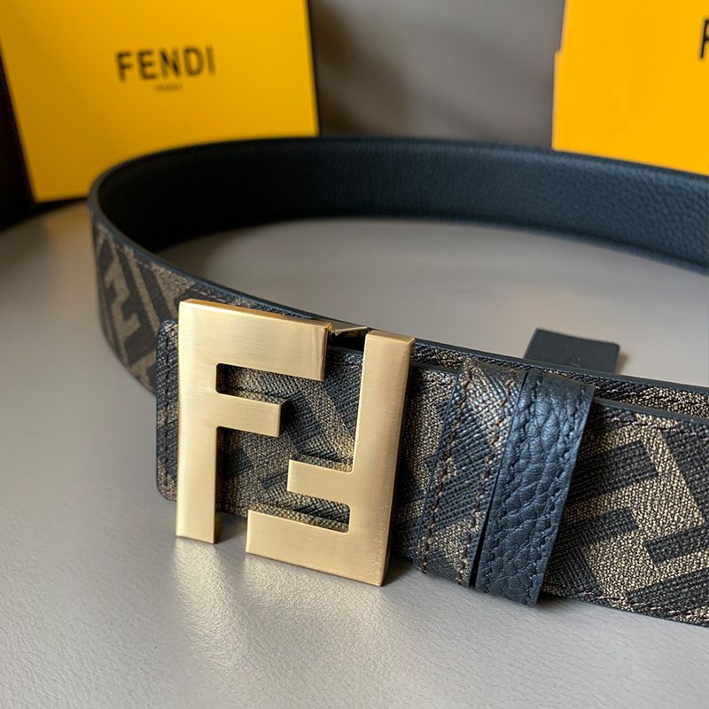 Affordable Fendi FF Buckle Reversible Belt In FF Motif Fabric and Calfskin Brown Gold