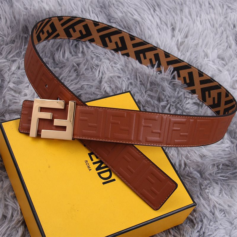 Affordable Fendi FF Buckle Reversible Belt In FF Motif Fabric and FF Motif Nappa Leather Brown Gold