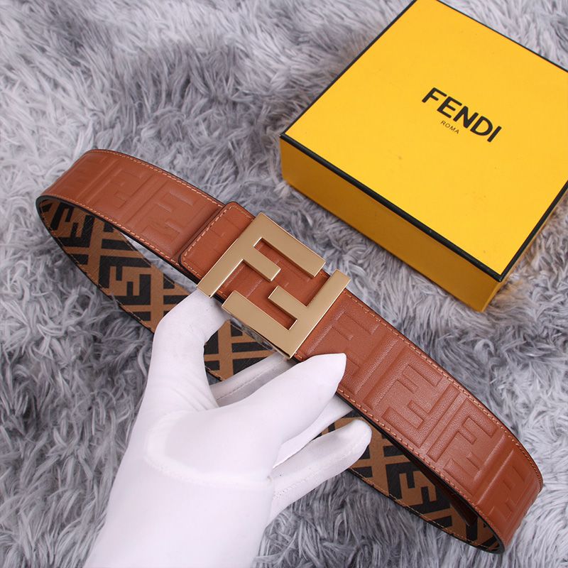 Affordable Fendi FF Buckle Reversible Belt In FF Motif Fabric and FF Motif Nappa Leather Brown Gold