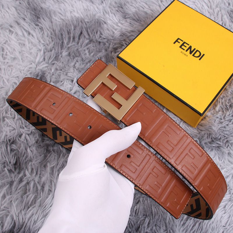 Affordable Fendi FF Buckle Reversible Belt In FF Motif Fabric and FF Motif Nappa Leather Brown Gold