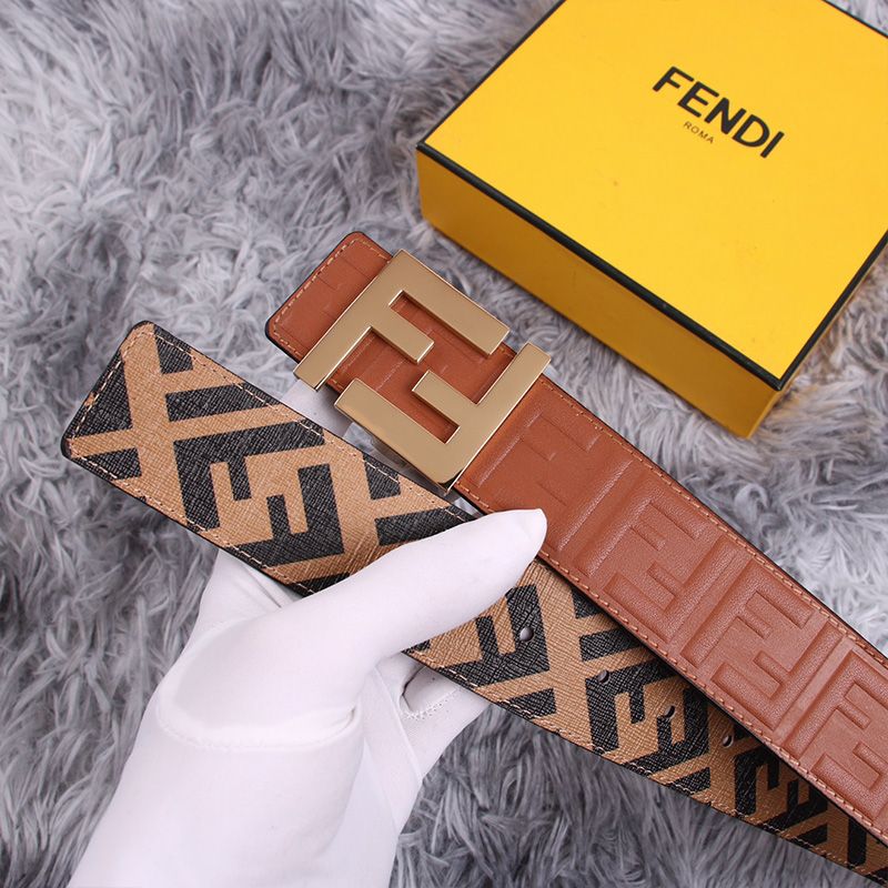 Affordable Fendi FF Buckle Reversible Belt In FF Motif Fabric and FF Motif Nappa Leather Brown Gold