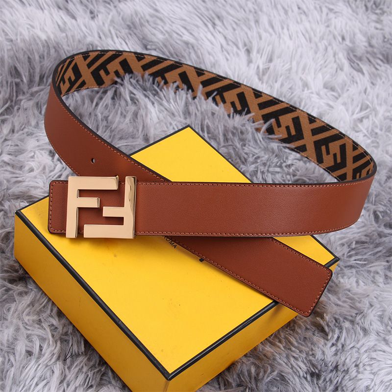 Affordable Fendi FF Buckle Reversible Belt In FF Motif Fabric and Nappa Leather Brown Gold