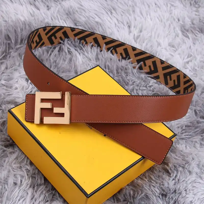 Fendi FF Buckle Reversible Belt In FF Motif Fabric and Nappa Leather Brown Gold