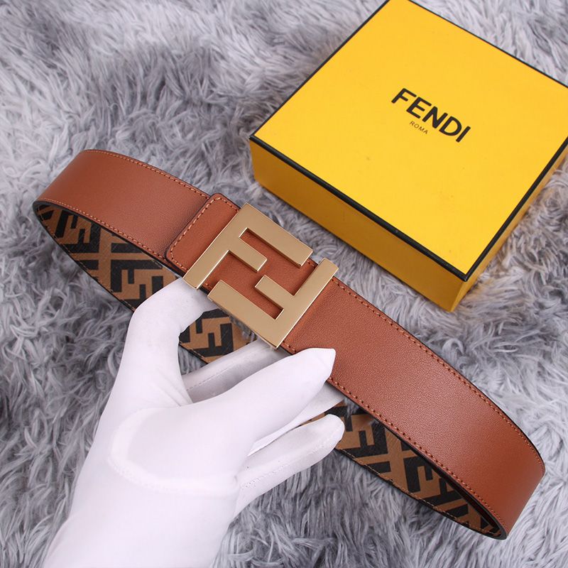 Affordable Fendi FF Buckle Reversible Belt In FF Motif Fabric and Nappa Leather Brown Gold