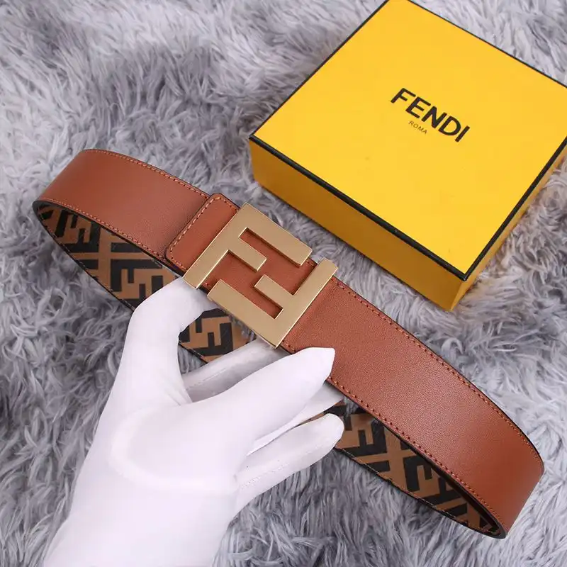 Cheap Fendi FF Buckle Reversible Belt In FF Motif Fabric and Nappa Leather Brown Gold