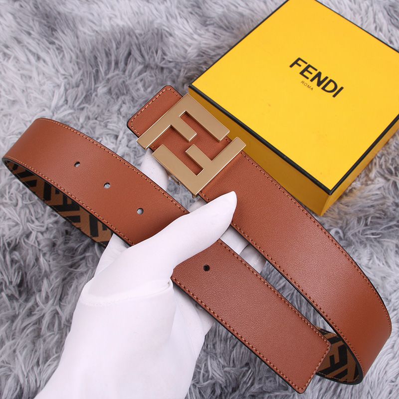 Affordable Fendi FF Buckle Reversible Belt In FF Motif Fabric and Nappa Leather Brown Gold