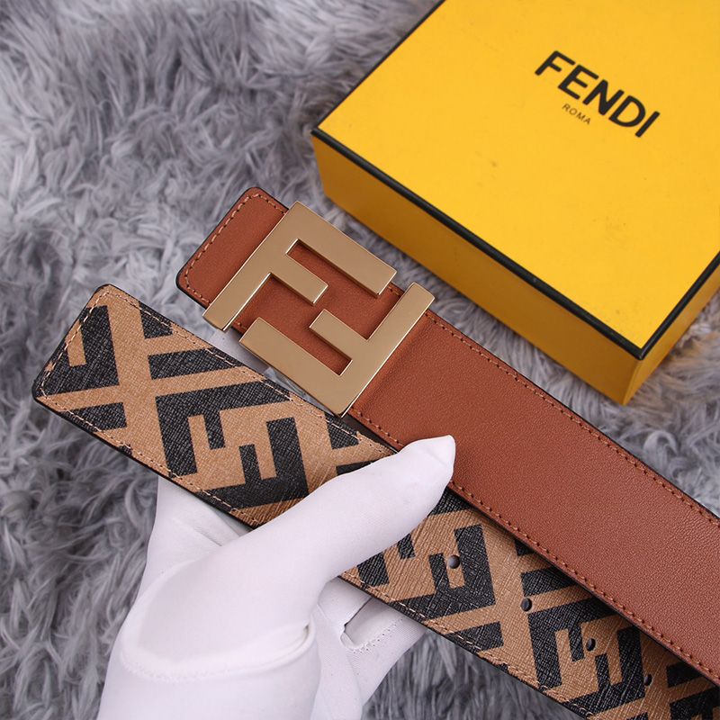 Affordable Fendi FF Buckle Reversible Belt In FF Motif Fabric and Nappa Leather Brown Gold