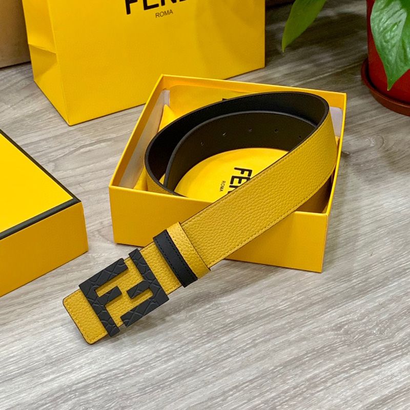 Affordable Fendi FF Buckle Reversible Belt In Calfskin Yellow Black