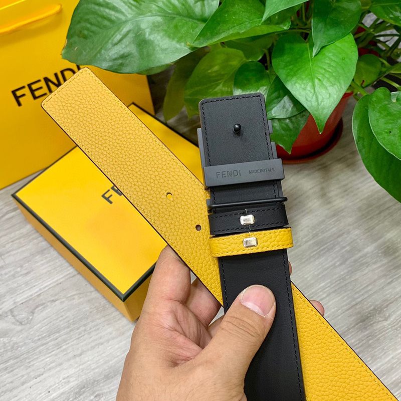 Affordable Fendi FF Buckle Reversible Belt In Calfskin Yellow Black