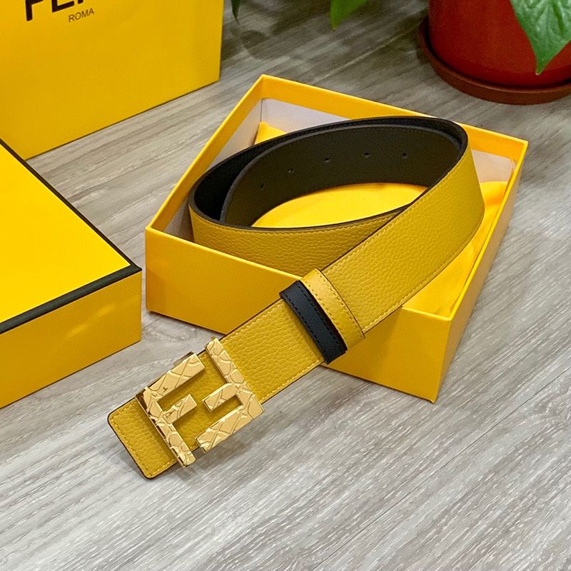 Affordable Fendi FF Buckle Reversible Belt In Calfskin Yellow Gold