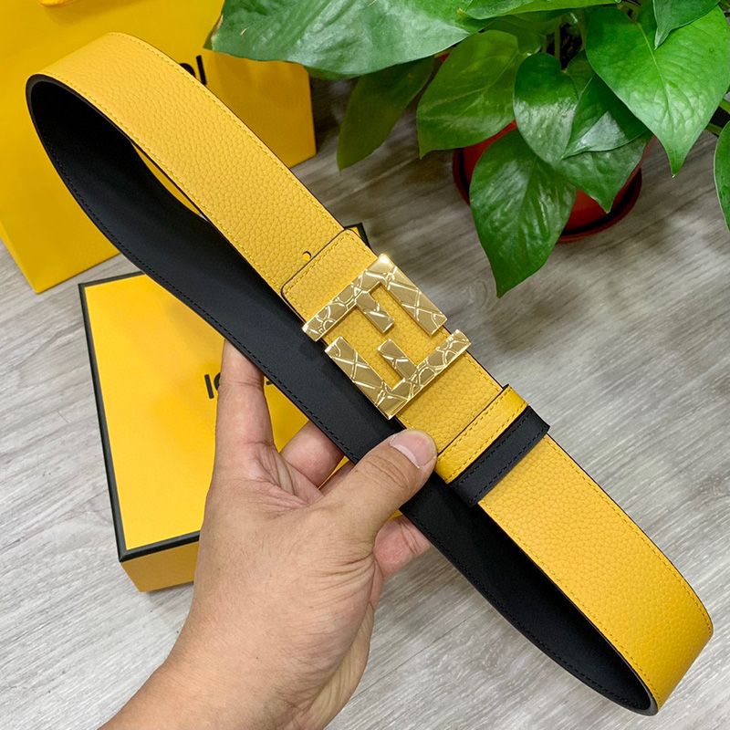 Affordable Fendi FF Buckle Reversible Belt In Calfskin Yellow Gold