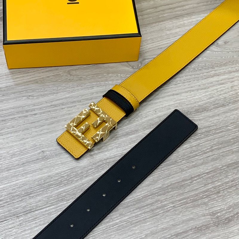 Affordable Fendi FF Buckle Reversible Belt In Calfskin Yellow Gold