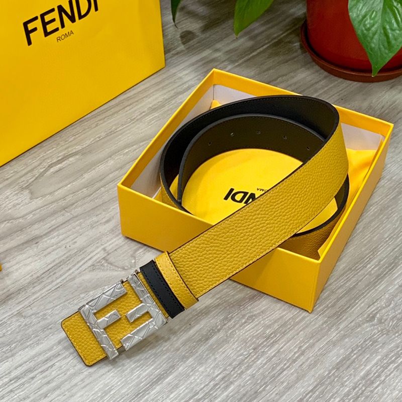 Affordable Fendi FF Buckle Reversible Belt In Calfskin Yellow Silver