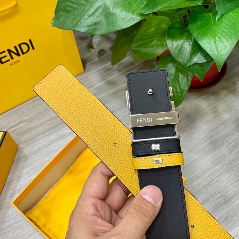 Affordable Fendi FF Buckle Reversible Belt In Calfskin Yellow Silver