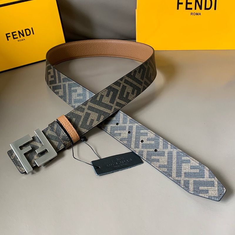 Affordable Fendi FF Buckle Reversible Belt In FF Motif Fabric and Calfskin Brown Silver