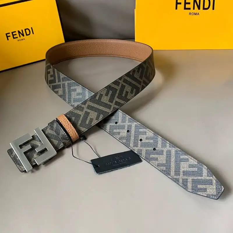 Fendi FF Buckle Reversible Belt In FF Motif Fabric and Calfskin Brown Silver