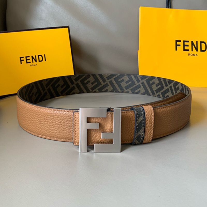 Affordable Fendi FF Buckle Reversible Belt In FF Motif Fabric and Calfskin Brown Silver