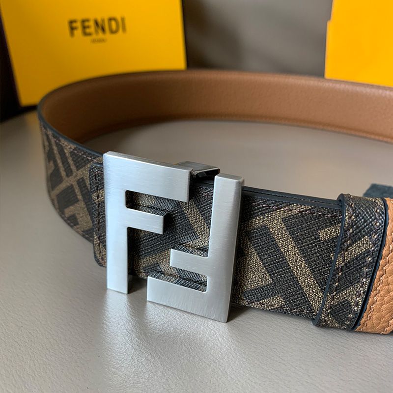 Affordable Fendi FF Buckle Reversible Belt In FF Motif Fabric and Calfskin Brown Silver