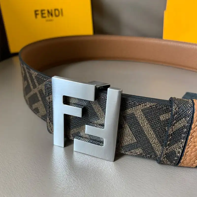 Affordable Fendi FF Buckle Reversible Belt In FF Motif Fabric and Calfskin Brown Silver