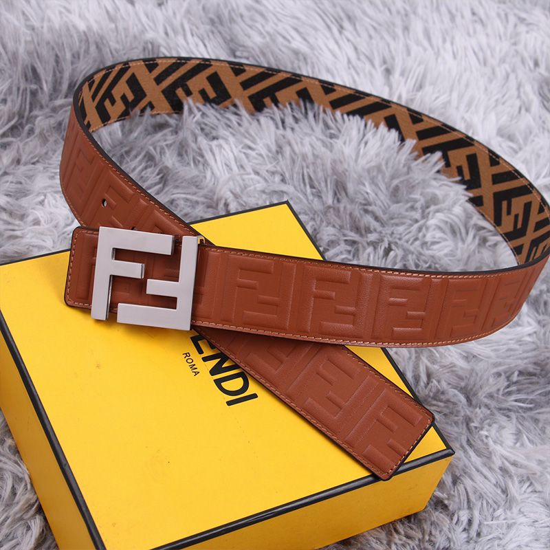 Affordable Fendi FF Buckle Reversible Belt In FF Motif Fabric and FF Motif Nappa Leather Brown Silver