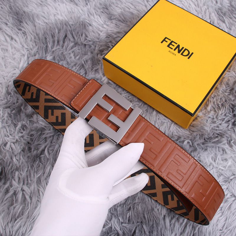 Affordable Fendi FF Buckle Reversible Belt In FF Motif Fabric and FF Motif Nappa Leather Brown Silver