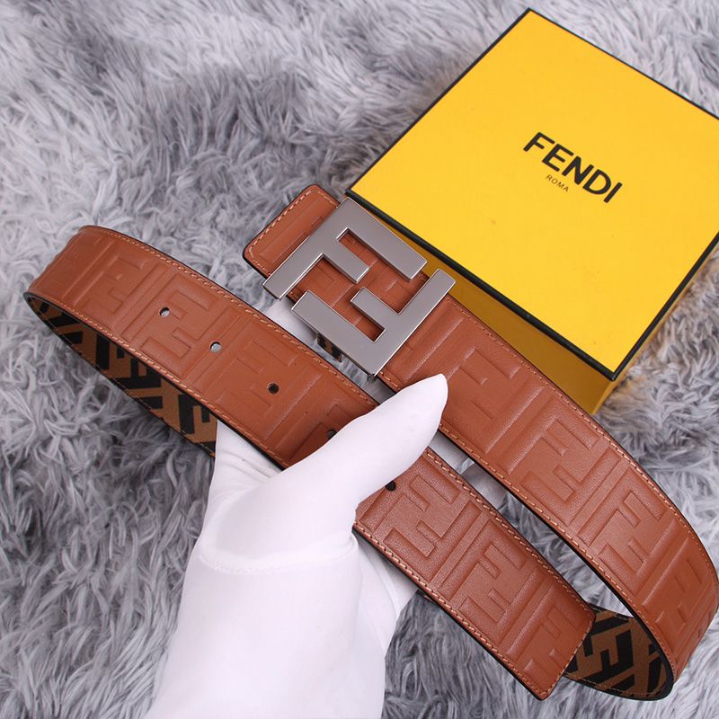 Affordable Fendi FF Buckle Reversible Belt In FF Motif Fabric and FF Motif Nappa Leather Brown Silver