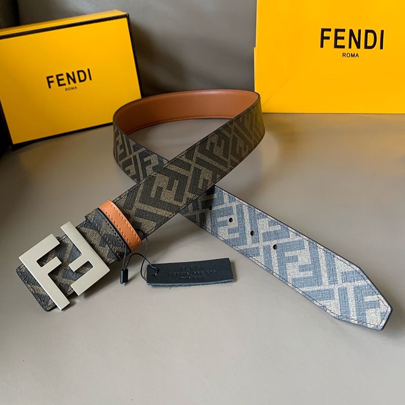 Affordable Fendi FF Buckle Reversible Belt In FF Motif Fabric and Leather Brown