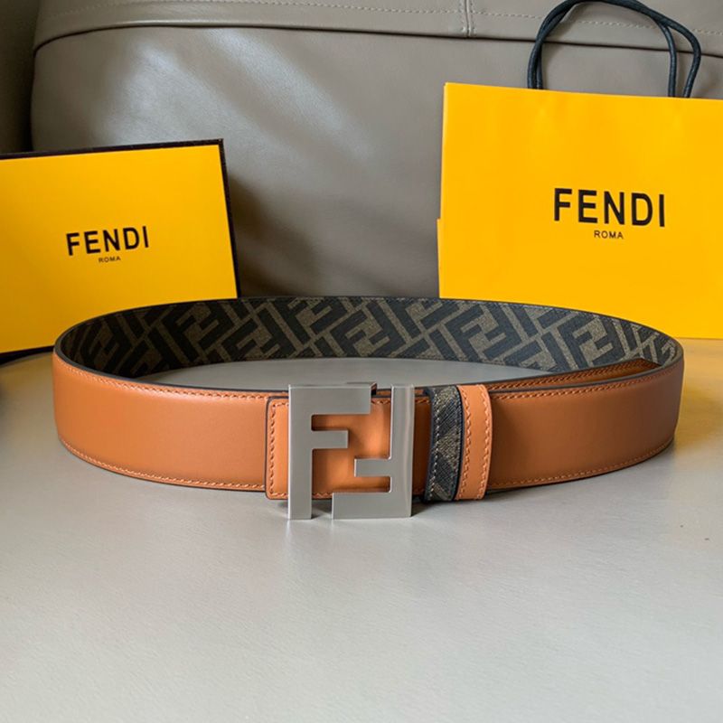 Affordable Fendi FF Buckle Reversible Belt In FF Motif Fabric and Leather Brown