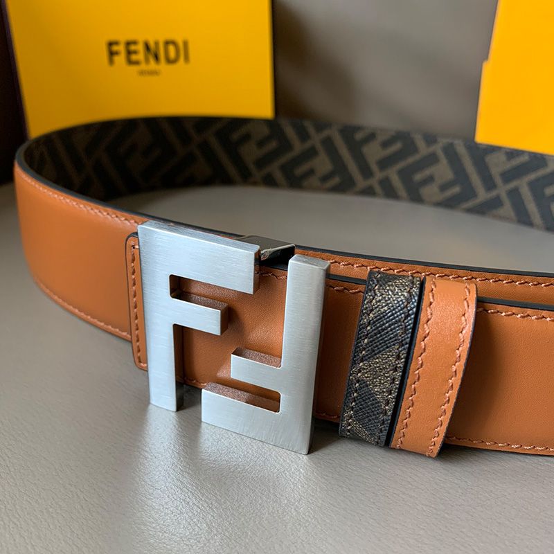 Affordable Fendi FF Buckle Reversible Belt In FF Motif Fabric and Leather Brown