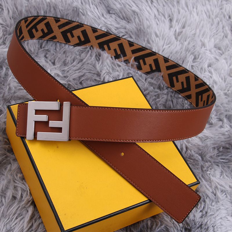 Affordable Fendi FF Buckle Reversible Belt In FF Motif Fabric and Nappa Leather Brown Silver