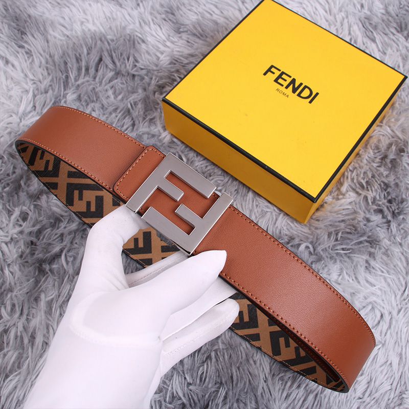 Affordable Fendi FF Buckle Reversible Belt In FF Motif Fabric and Nappa Leather Brown Silver