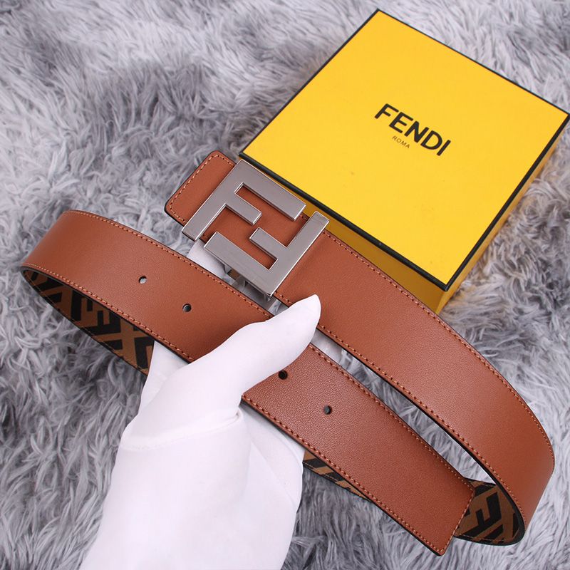 Affordable Fendi FF Buckle Reversible Belt In FF Motif Fabric and Nappa Leather Brown Silver