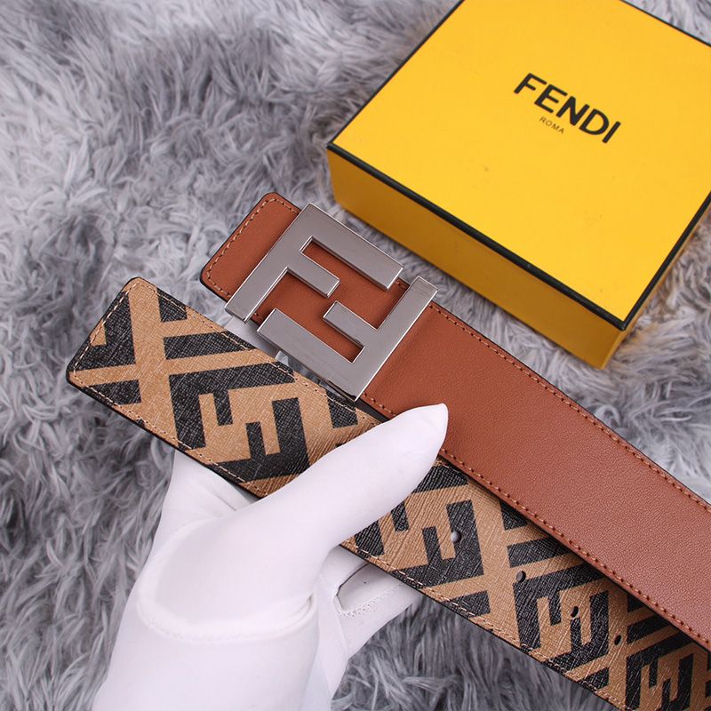 Affordable Fendi FF Buckle Reversible Belt In FF Motif Fabric and Nappa Leather Brown Silver